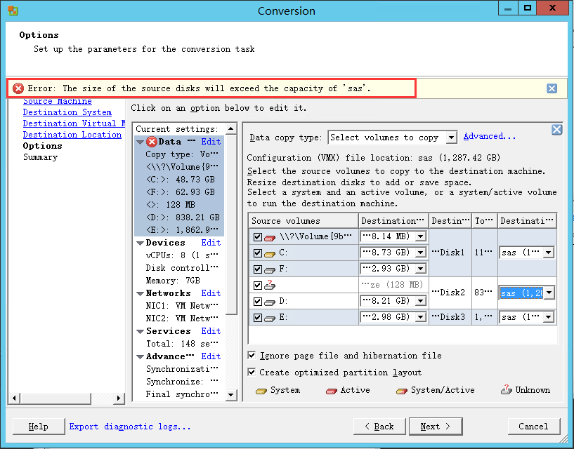 error：the size of the source disks will exceed the capacity of 'sas'