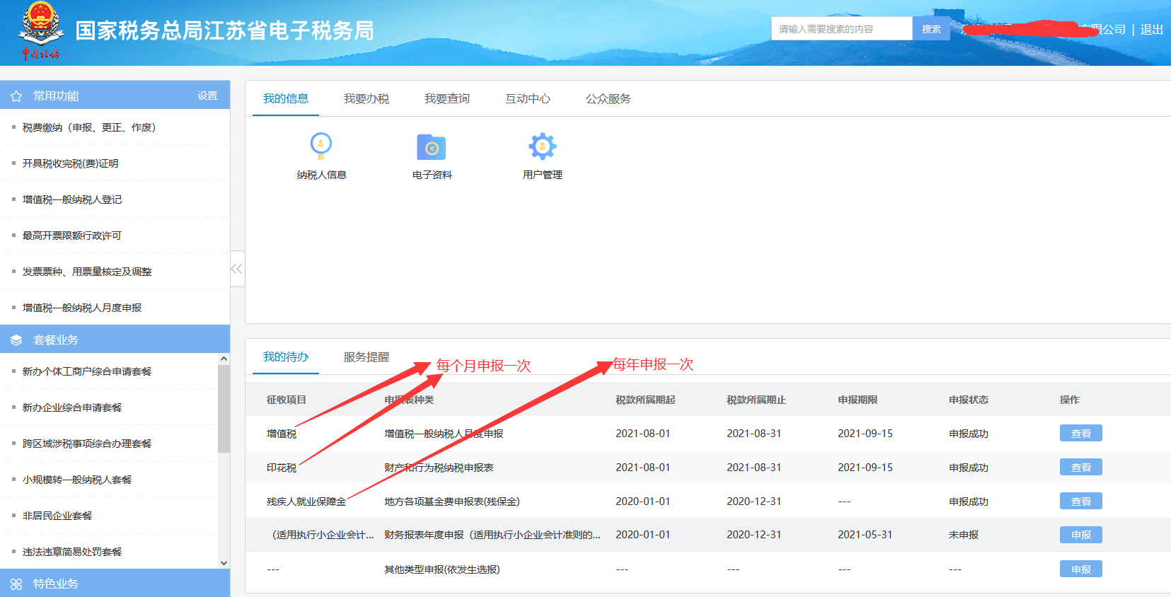 国家税务总局江苏省电子税务局 每个月/每年申报税种